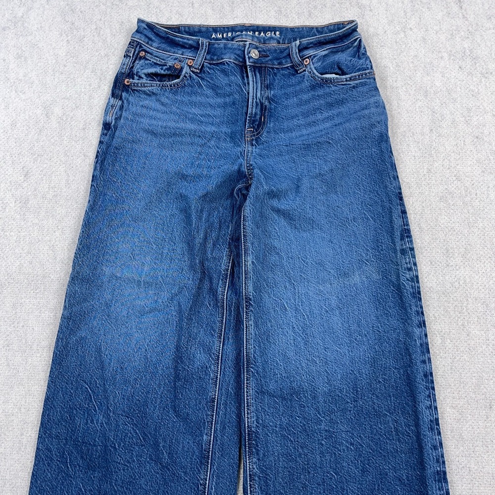 American Eagle Jeans Women 2 Short Low Rise Baggy Wide Leg Boho Med Wash Loose - Picture 4 of 13